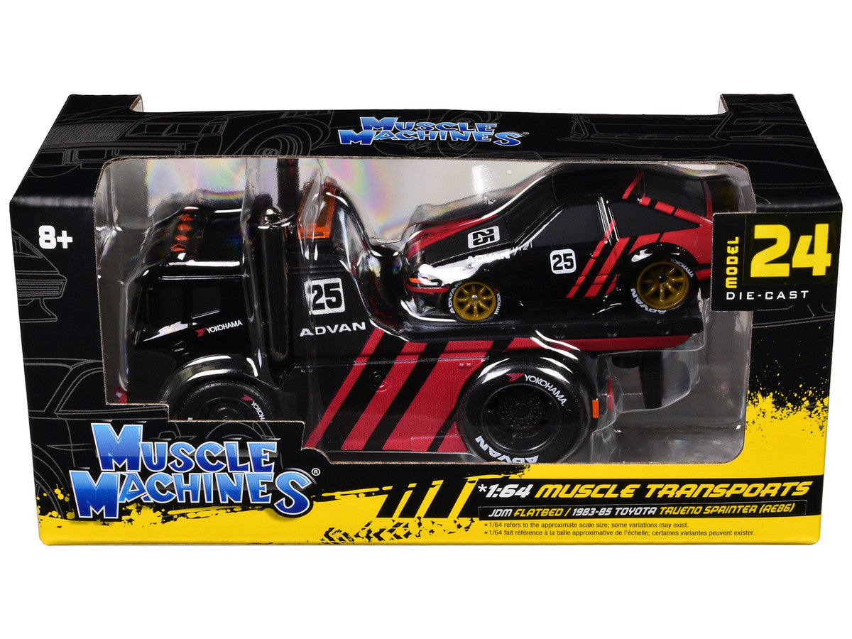 JDM Flatbed Truck #25 Black and Red and 1983-85 Toyota Trueno Sprinter (AE86) #25 Black and Red "Advan" Livery "Muscle Transports" Series 1/64 Diecast Models by Muscle Machines-2