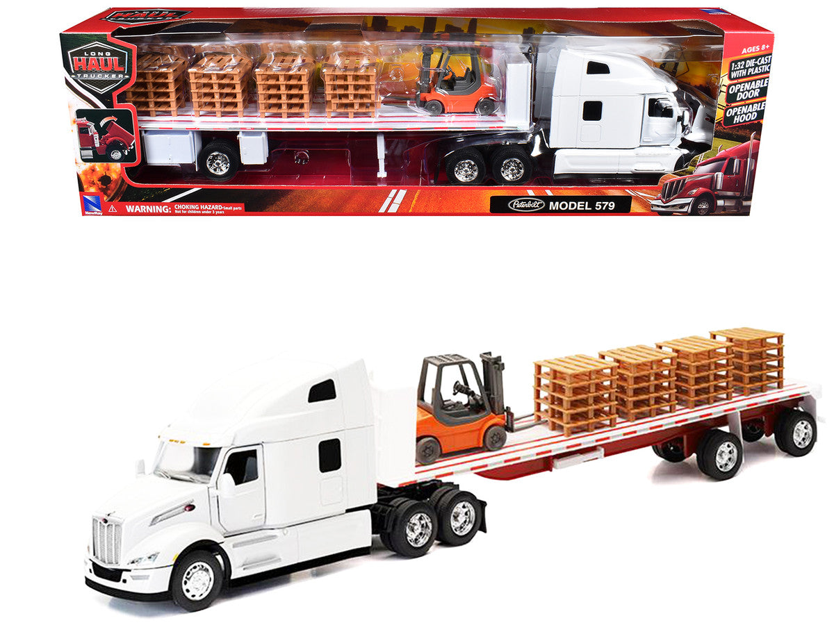 Peterbilt 579 Truck White with Flatbed Trailer White and Load of Forklift and Pallets "Long Haul Truckers" Series 1/32 Diecast Model by New Ray-2