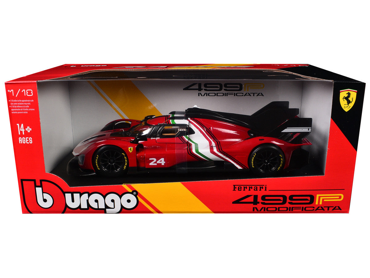 Ferrari 499P Modificata #24 Red with Italian Flag Stripes "Racing" Series 1/18 Diecast Model Car by Bburago-2