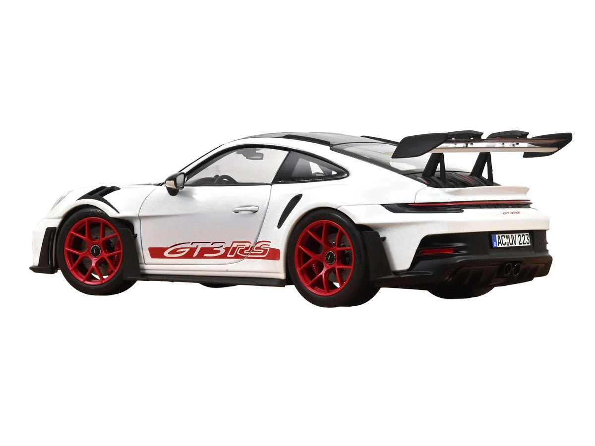 2022 Porsche 911 GT3 RS with Weissach Pack White with Carbon Hood and Top and Pyro Red Stripes and Wheels 1/18 Diecast Model Car by Norev-3
