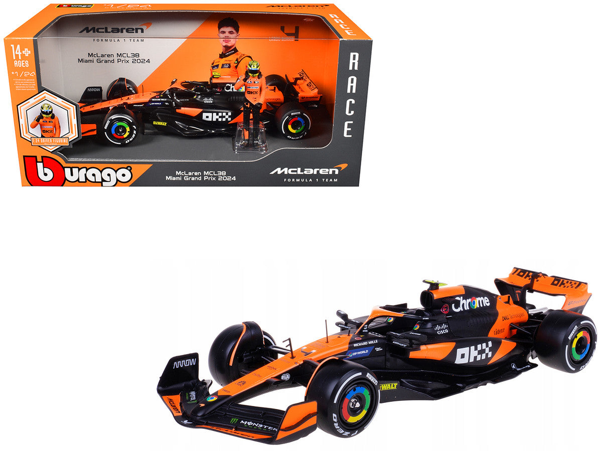 McLaren MCL38 #4 Lando Norris "OKX" Winner Formula One F1 "Miami GP" (2024) with Driver Figure "Race" Series 1/24 Diecast Model Car by Bburago-2