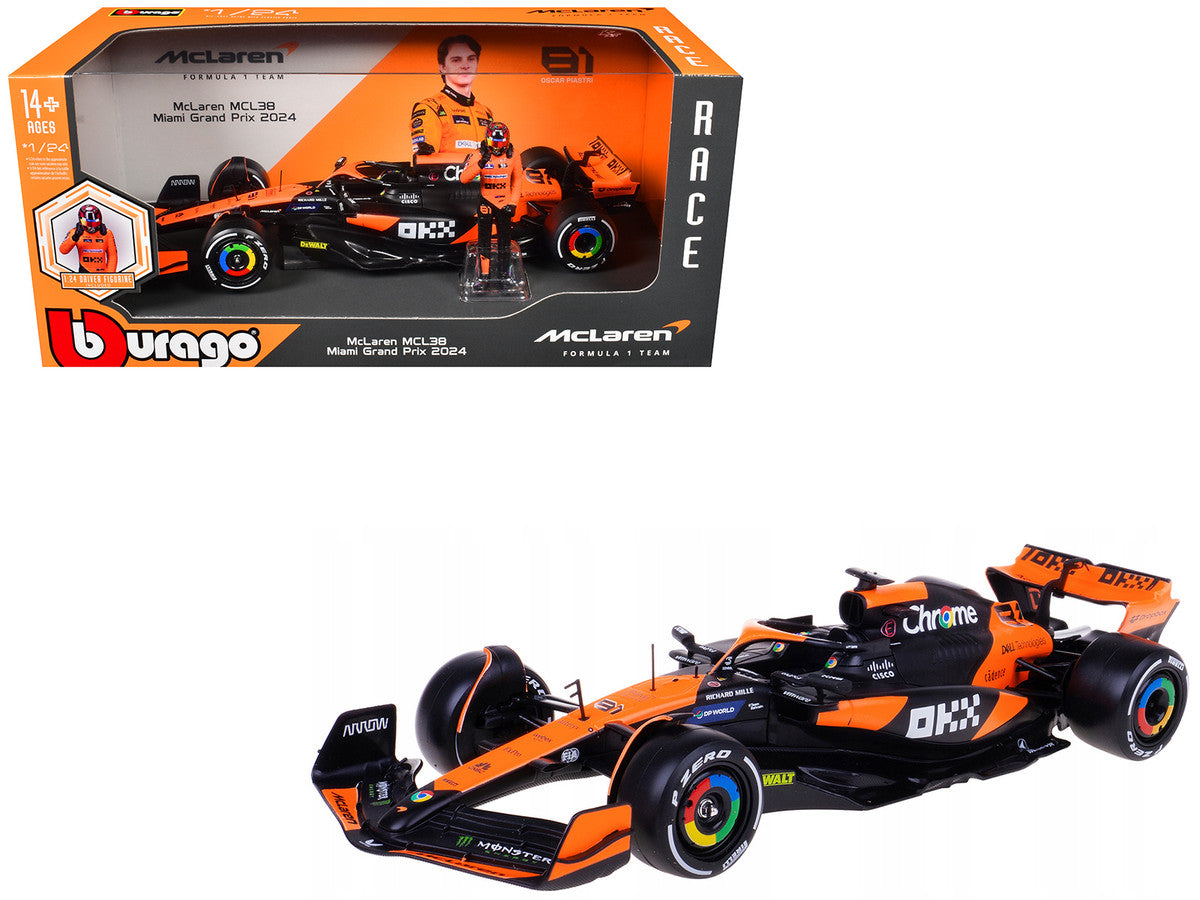 McLaren MCL38 #81 Oscar Piastri "OKX" Formula One F1 "Miami GP" (2024) with Driver Figure "Race" Series 1/24 Diecast Model Car by Bburago-2