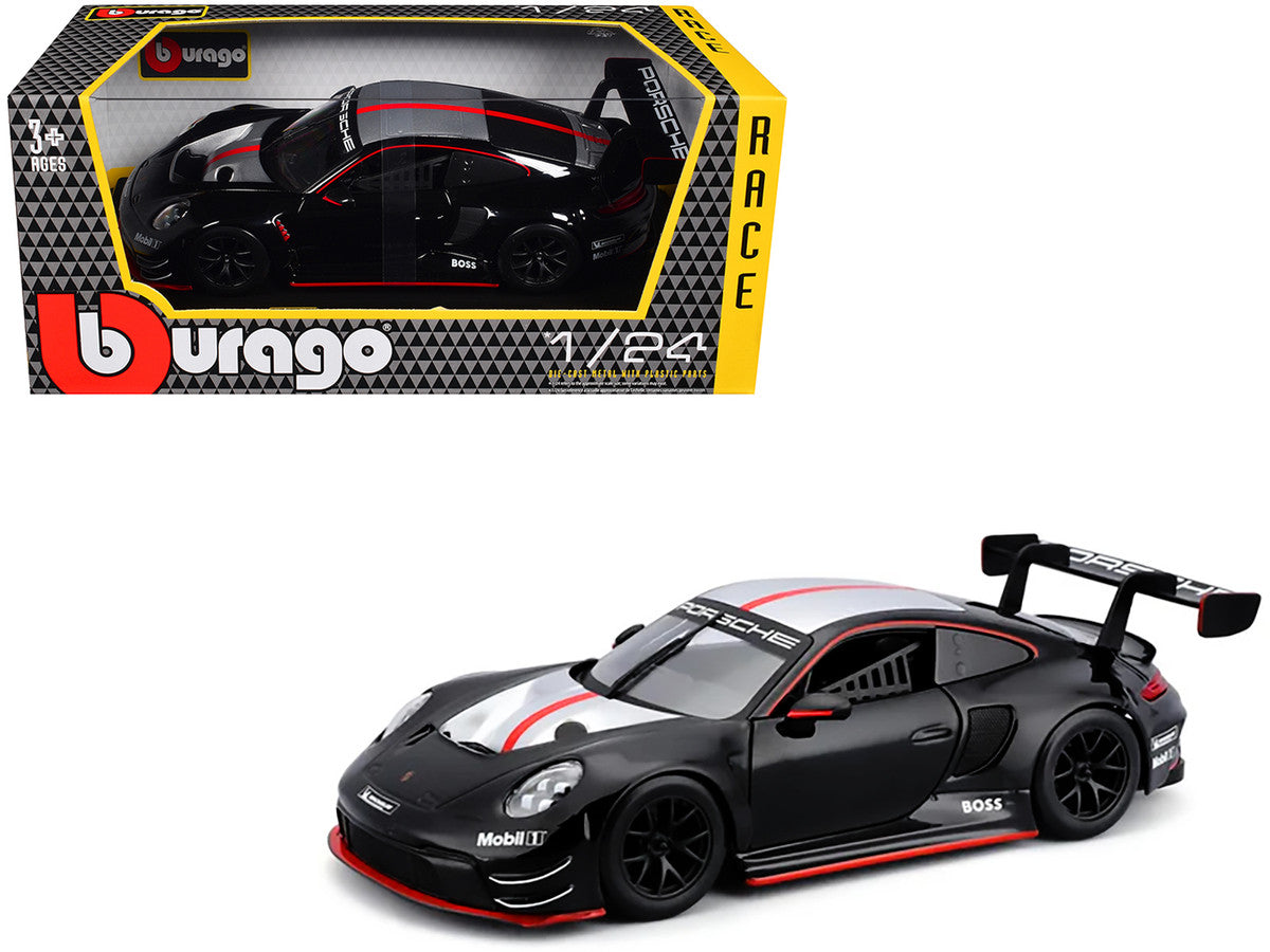 Porsche 911 GT3 R Black with Silver Hood and Top and Red Stripe "Race" Series 1/24 Diecast Model Car by Bburago-2