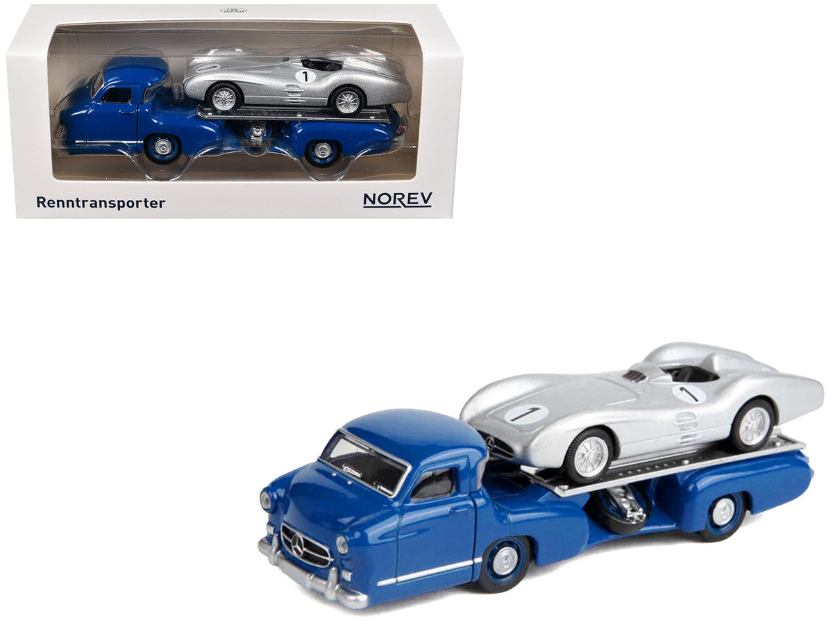 Mercedes-Benz Renntransporter Flatbed Truck Blue and 1954 Mercedes-Benz W196 #1 Silver Metallic 1/64 Diecast Model Car by Norev-4