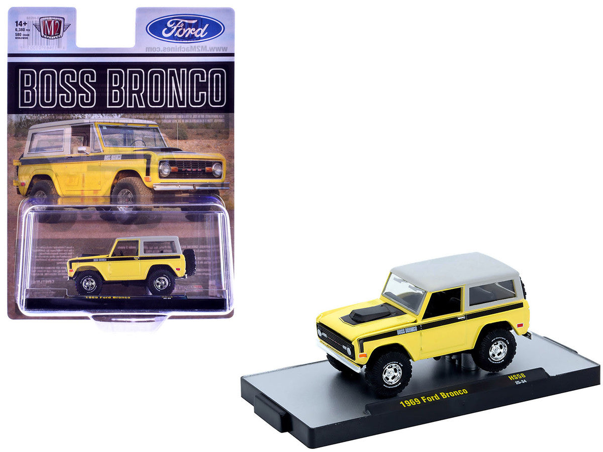 1969 Ford Bronco Yellow with Black Stripes and Gray Top Limited Edition to 6380 pieces Worldwide 1/64 Diecast Model Car by M2 Machines-2