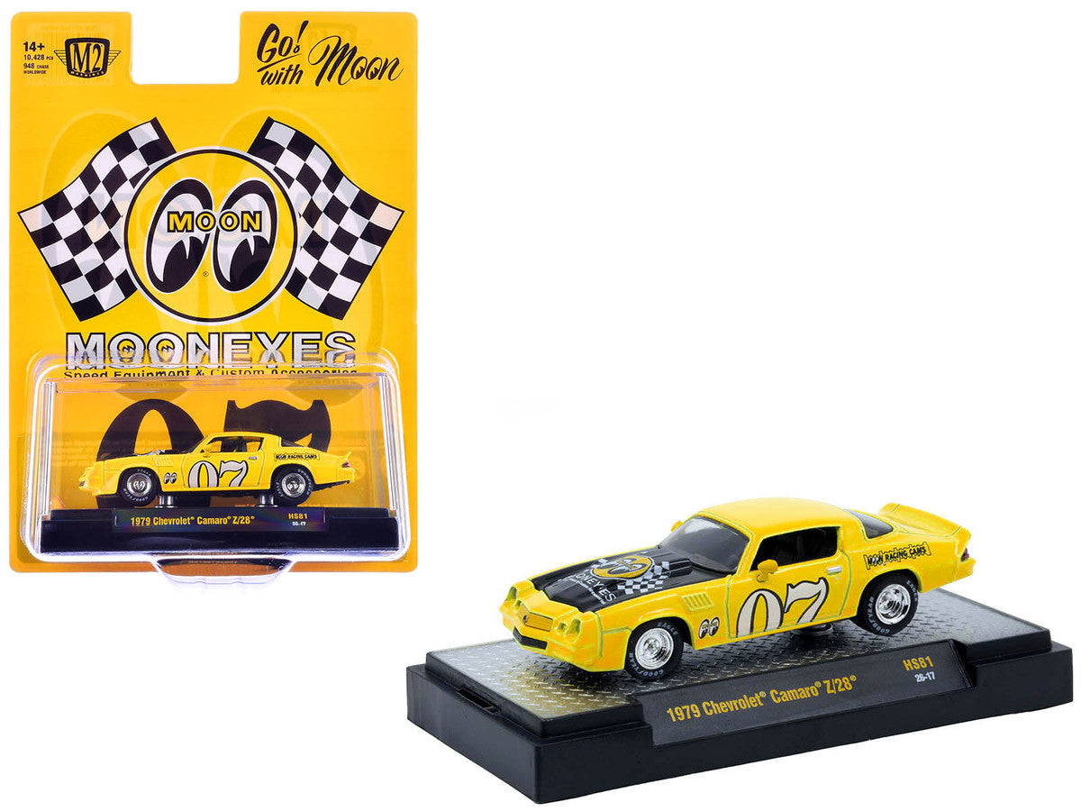 1979 Chevrolet Camaro Z/28 "MoonEyes" Yellow with Black Hood and Graphics Limited Edition to 10428 pieces Worldwide 1/64 Diecast Model Car by M2 Machines-2