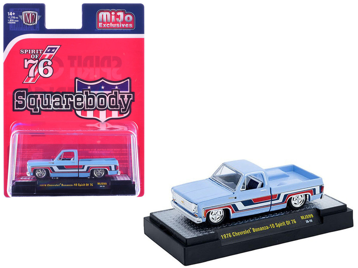 1976 Chevrolet Silverado Bonanza-10 Pickup Truck "Spirit of '76" Light Blue with Red White and Blue Graphics Limited Edition to 11770 pieces Worldwide 1/64 Diecast Model Car by M2 Machines-2