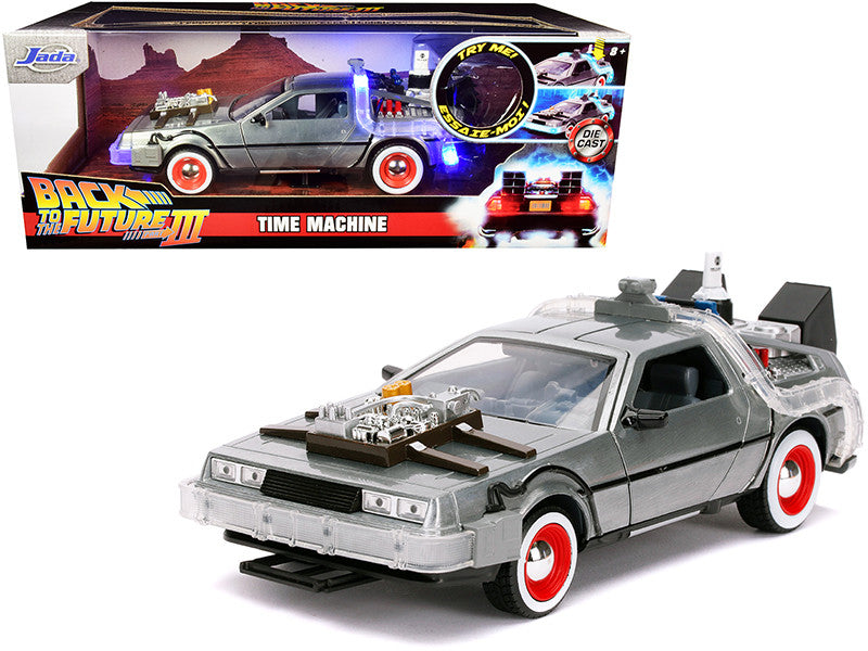 DeLorean Brushed Metal Time Machine with Lights "Back to the Future Part III" (1990) Movie "Hollywood Rides" Series 1/24 Diecast Model Car by Jada-0