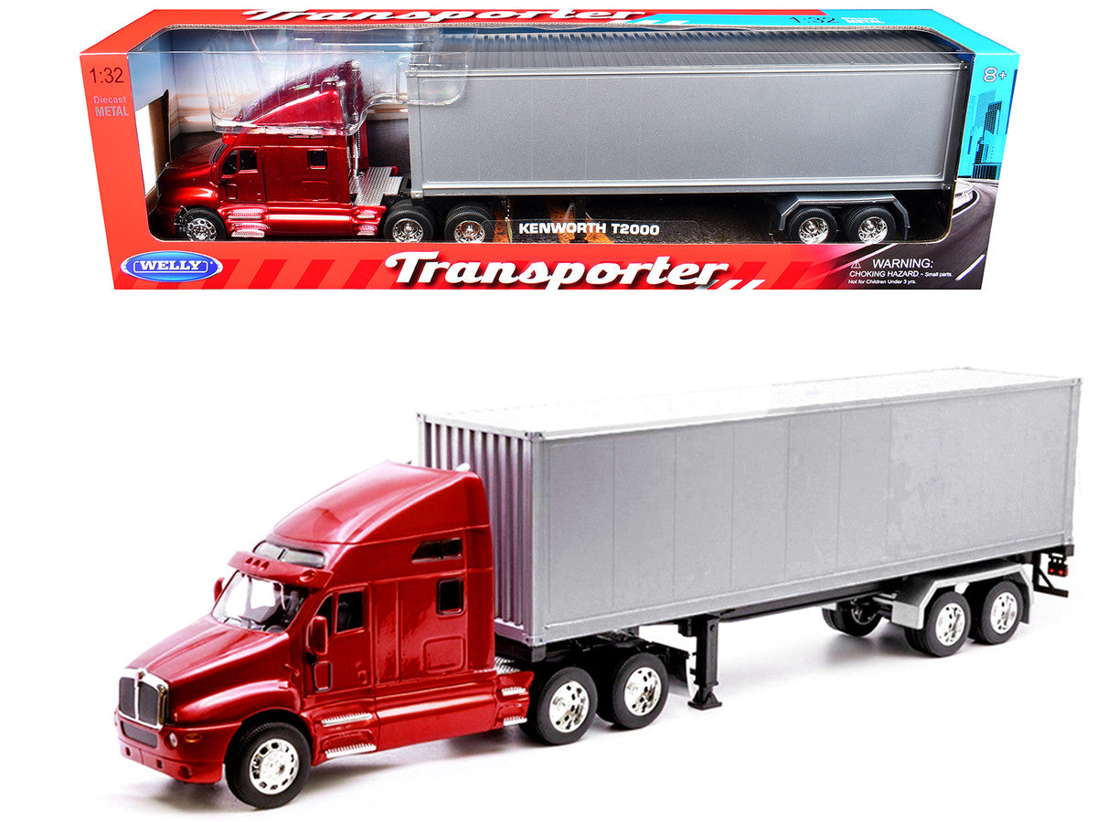 Kenworth T2000 Truck Red Metallic with Gray Container "Transporter" Series 1/32 Diecast Model by Welly-2