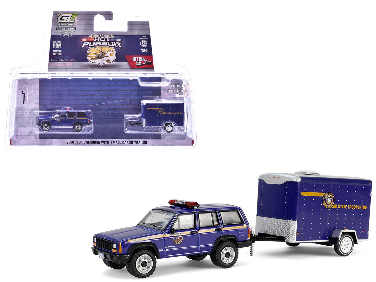 2001 Jeep Cherokee "New York State Police" Blue with Yellow Stripes and Small Cargo Trailer "Hot Pursuit Hitch & Tow" Series 1 1/64 Diecast Model Cars by Greenlight-4