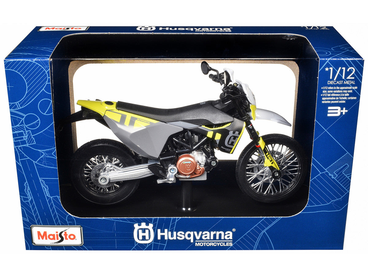 2023 Husqvarna 701 Supermoto Motorcycle Matt Black and Gray with Yellow and White Accents with Display Base 1/12 Diecast Model by Maisto-0