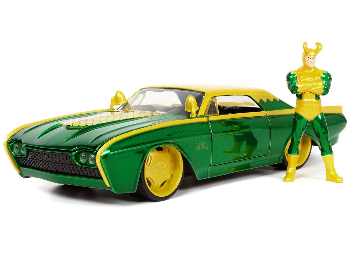 1963 Ford Thunderbird Green and Yellow Metallic with Hood Graphics and Loki Diecast Figure "Loki" "Marvel" Series 1/24 Diecast Model Car by Jada-4