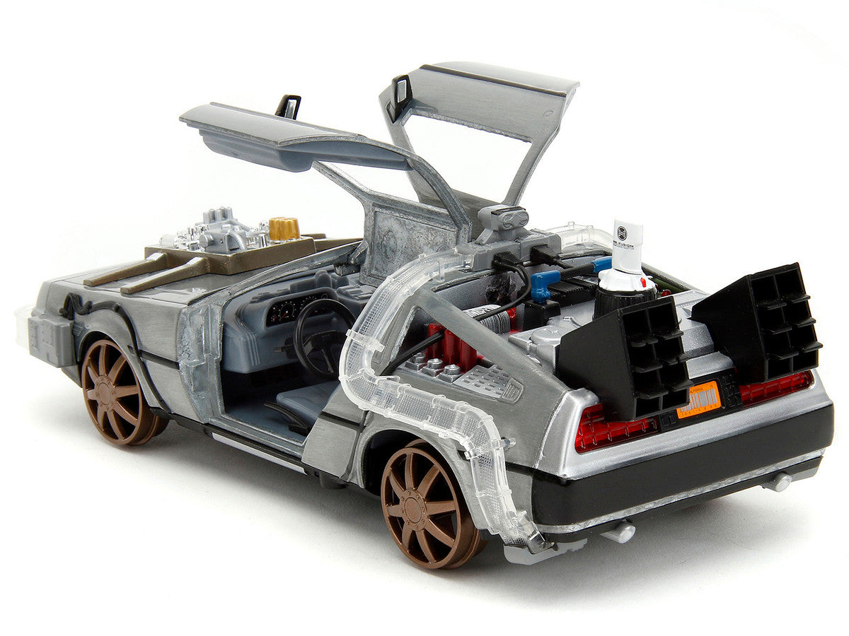 DeLorean Brushed Metal Time Machine (Train Wheel Version) with Lights "Back to the Future Part III" (1990) Movie "Hollywood Rides" Series 1/24 Diecast Model Car by Jada-4