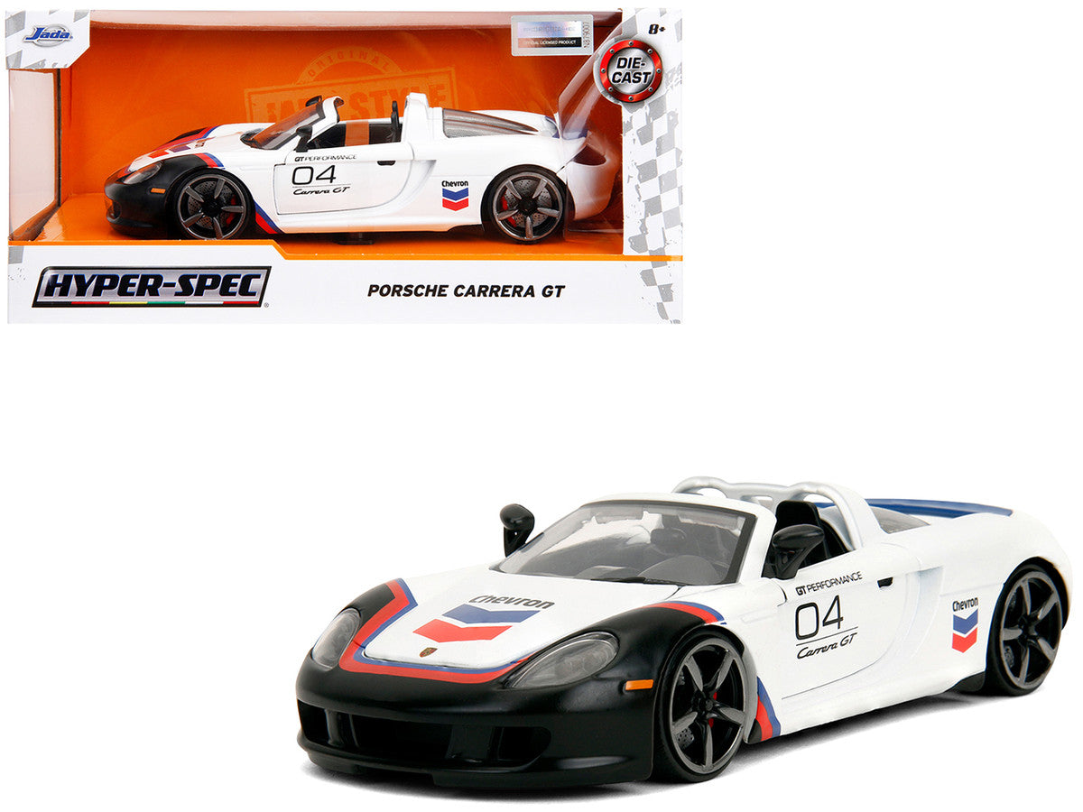 Porsche Carrera GT Convertible #04 "Chevron" White with Graphics "Hyper-Spec" Series 1/24 Diecast Model Car by Jada-4