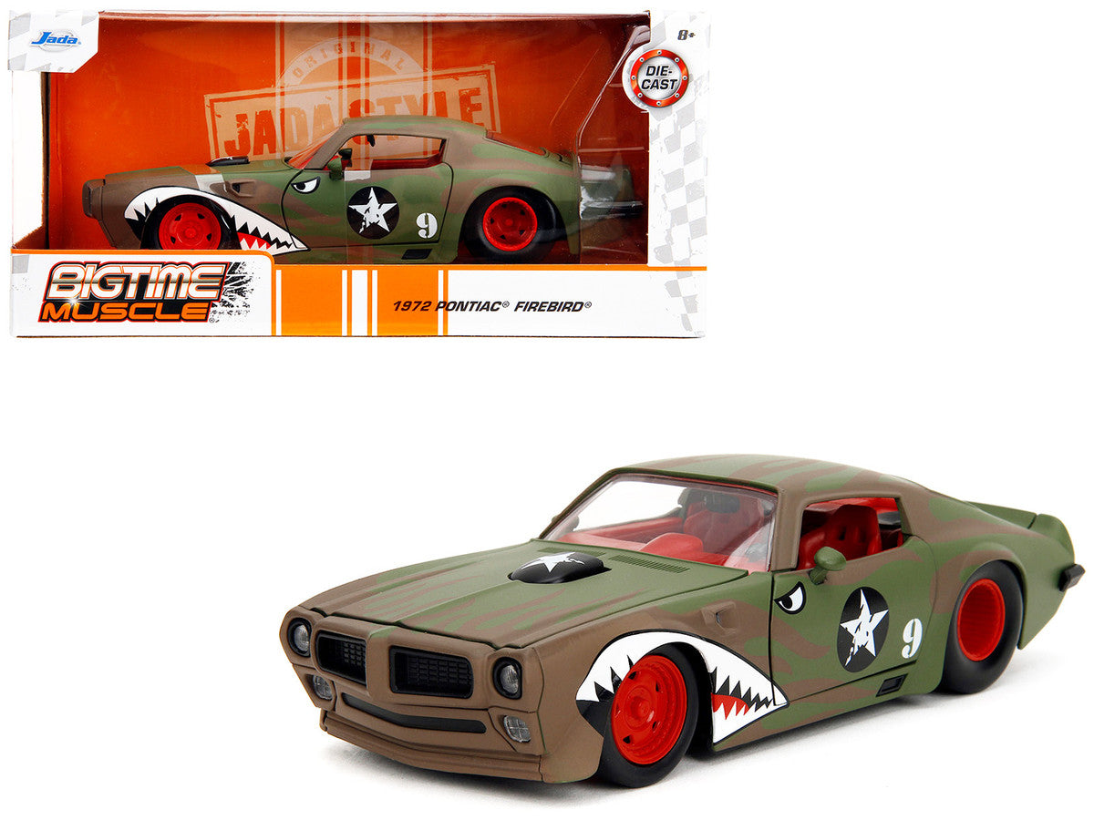 1972 Pontiac Firebird #9 Green Camouflage Flames with Graphics and Red Interior "Bigtime Muscle" Series 1/24 Diecast Model Car by Jada-4