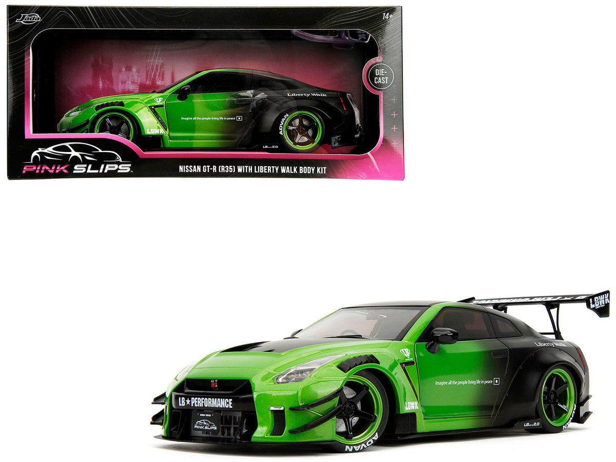 Nissan GT-R (R35) Liberty Walk Body Kit 2.0 RHD (Right Hand Drive) Green and Matt Black "Pink Slips" Series 1/18 Diecast Model Car by Jada-4