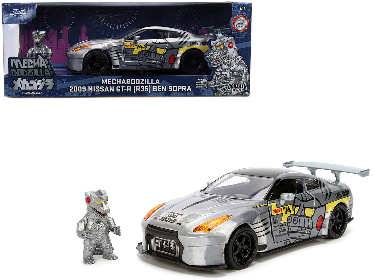2009 Nissan GT-R (R35) Ben Sopra Brushed Metal with Black Top and Graphics and Mechagodzilla Diecast Figure "Godzilla" Franchise "Anime Hollywood Rides" Series 1/24 Diecast Model by Jada-4