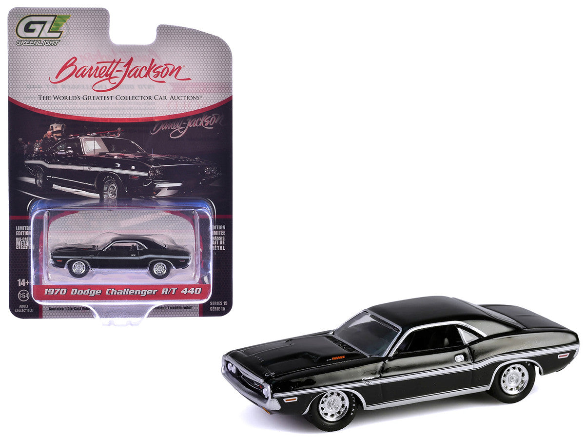 1970 Dodge Challenger R/T 440 Black with White Stripes "Barrett-Jackson" Series 15 1/64 Diecast Model Car by Greenlight-4