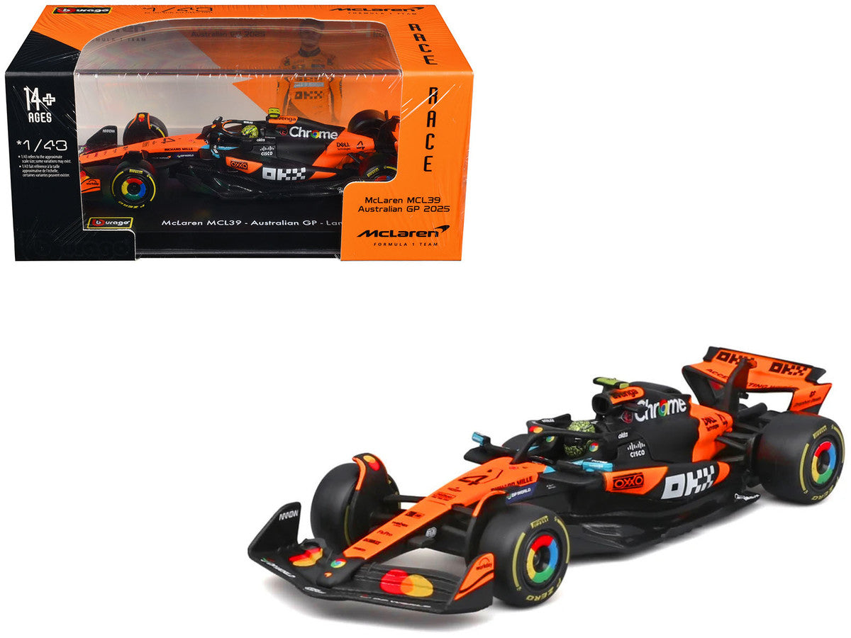 McLaren MCL39 #4 Lando Norris Winner Formula One F1 "Australian GP" (2025) with Display Case "Race" Series 1/43 Diecast Model Car by Bburago-2