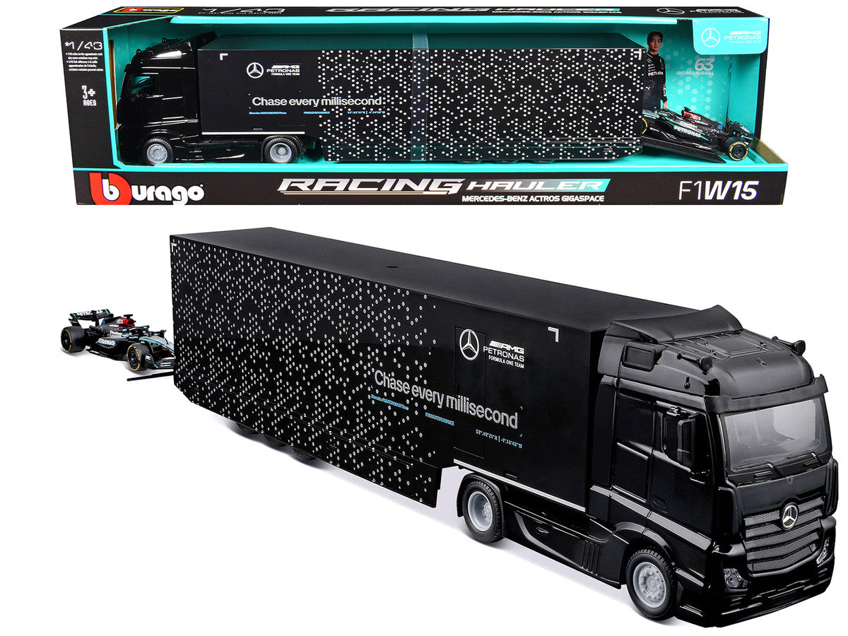 Mercedes-Benz Actros Gigaspace Car Transporter Black and Mercedes-AMG F1 W15 E Performance #63 George Russell "Petronas" Formula One F1 World Championship (2024) "Racing Hauler" Series 1/43 Diecast Model Car by Bburago-4
