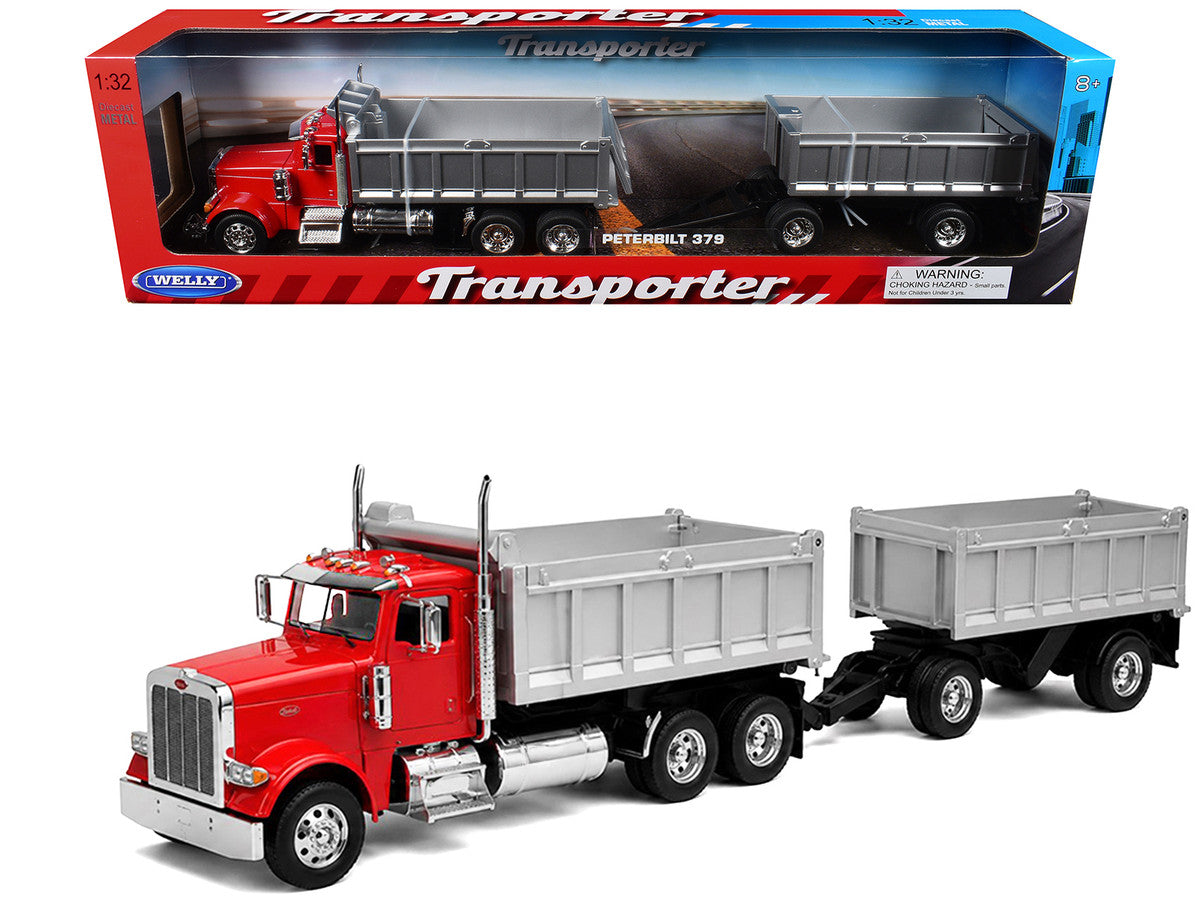 Peterbilt 379 Dump Truck Red with Gray Double Dump Trailer "Transporter" Series 1/32 Diecast Model by Welly-2