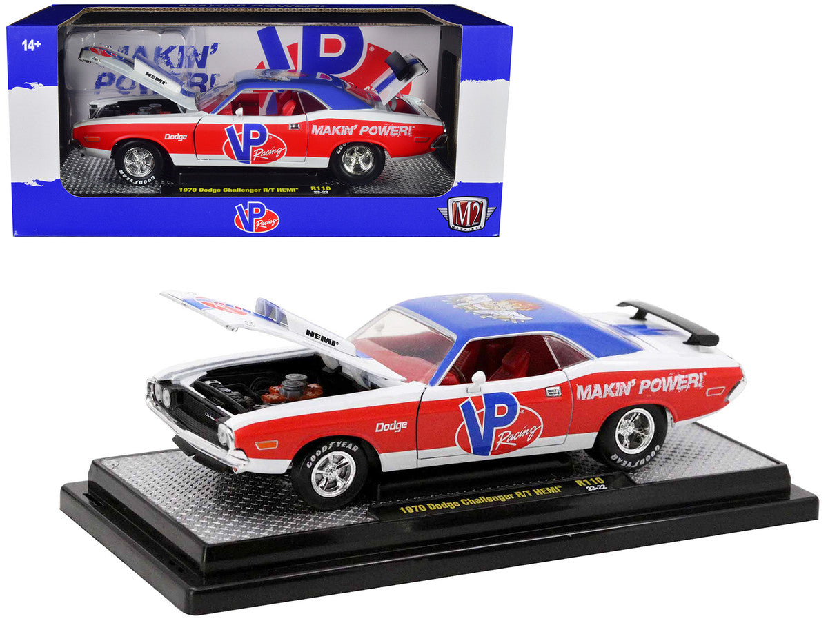 1970 Dodge Challenger R/T Hemi White with Red and Blue Stripes with Red Interior "VP Racing" Limited Edition to 5710 pieces Worldwide 1/24 Diecast Model Car by M2 Machines-0