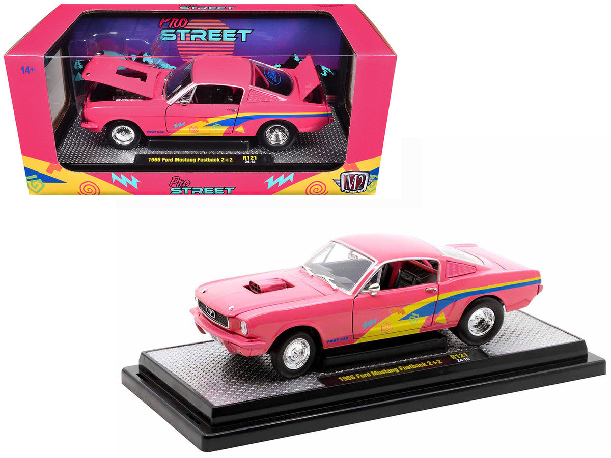 1966 Ford Mustang Fastback 2+2 Pink with Blue and Yellow Stripes "Pro Street" Limited Edition to 6250 pieces Worldwide 1/24 Diecast Model Car by M2 Machines-2