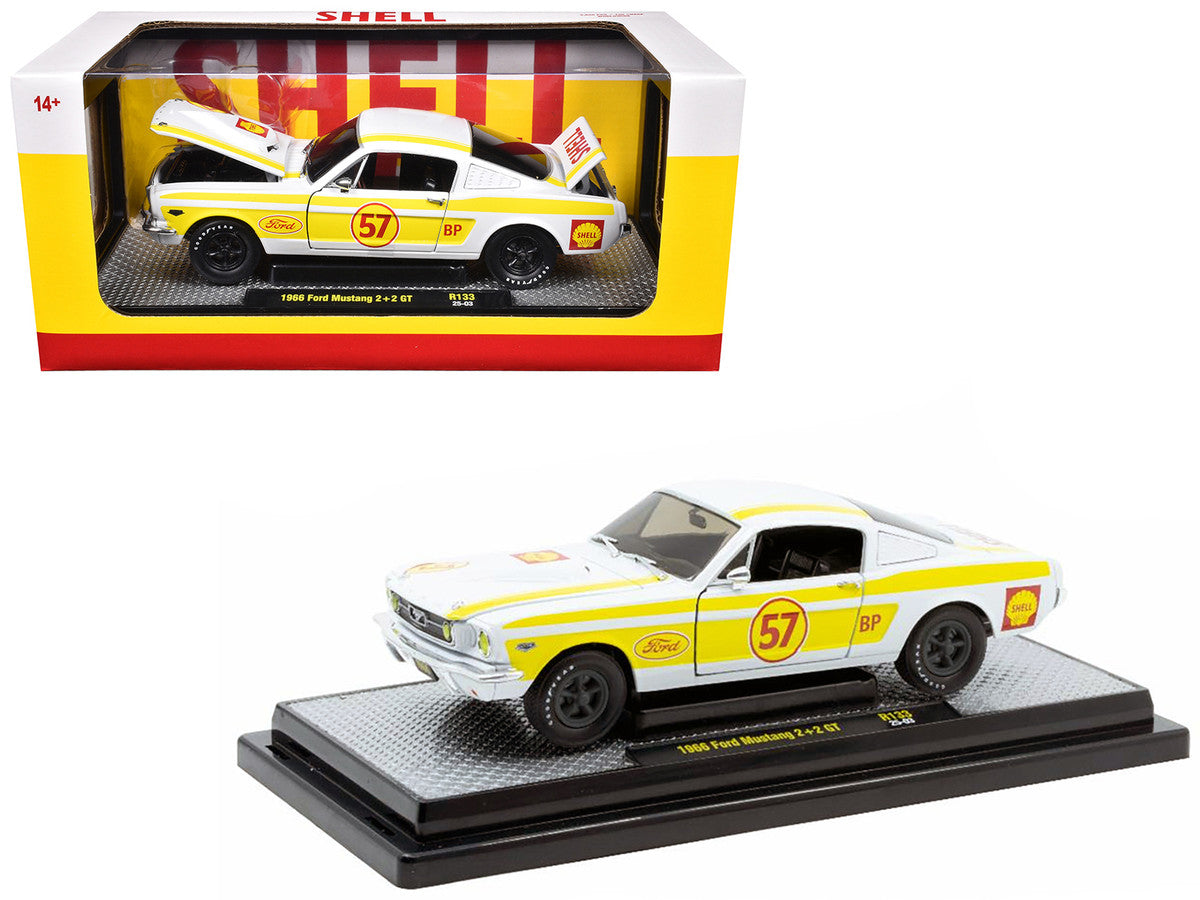 1966 Ford Mustang 2+2 GT #57 "Shell Oil" White with Yellow Stripes Limited Edition to 5650 pieces Worldwide 1/24 Diecast Model Car by M2 Machines-2