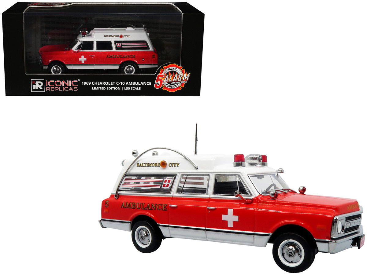 1969 Chevrolet C-10 Ambulance "Baltimore City Fire Department" White and Red "5 Alarm" Series Limited Edition 1/50 Diecast Model by Iconic Replicas-4