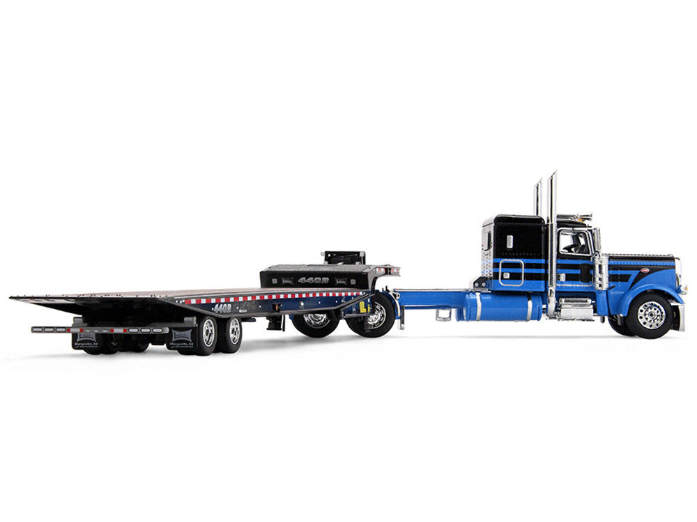 Peterbilt 389 with 48" Flat Top Sleeper and Landoll 440B-50CA Traveling Axle Trailer Black with Blue Stripes 1/64 Diecast Model by DCP/First Gear-3