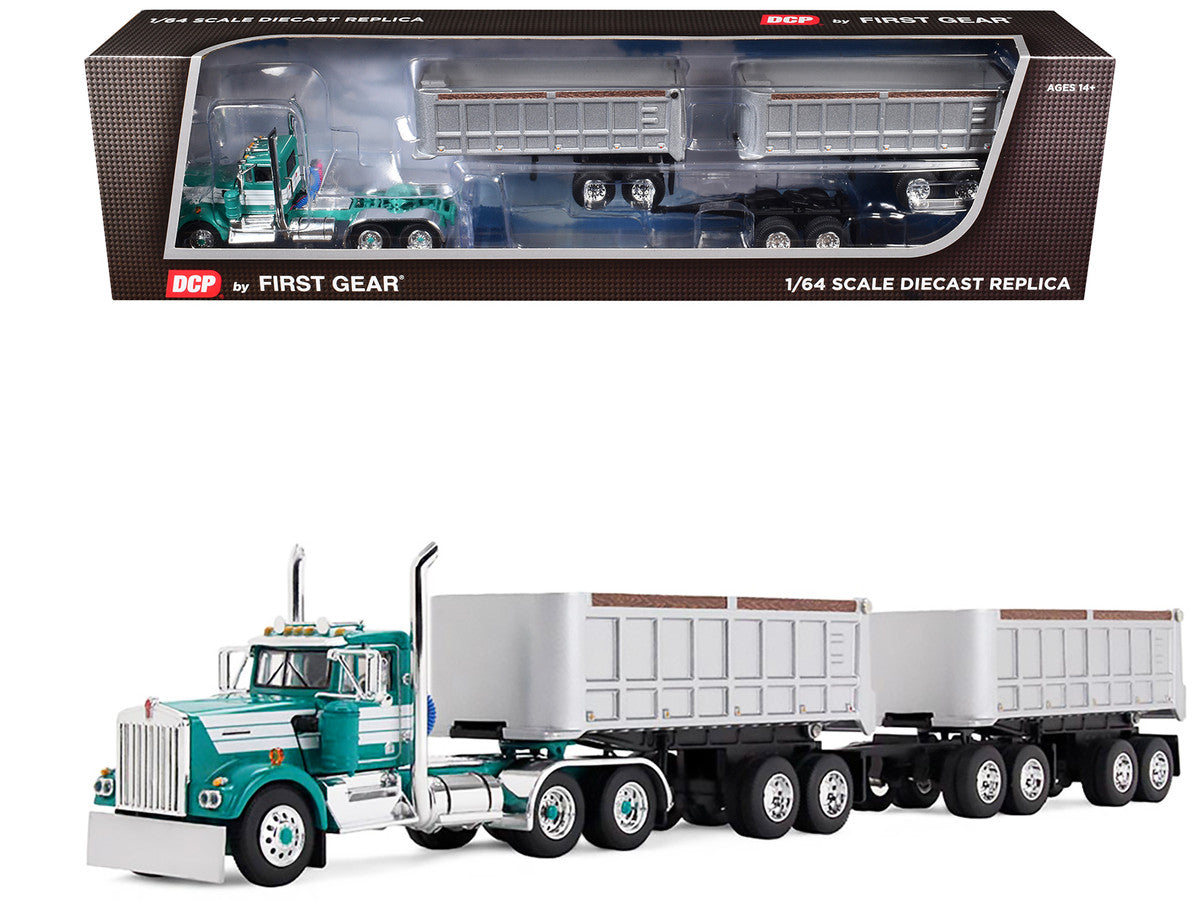 Kenworth W900A Day Cab with 22' Dual End Dump Trailers Turquoise with White Stripes 1/64 Diecast Model by DCP/First Gear-3
