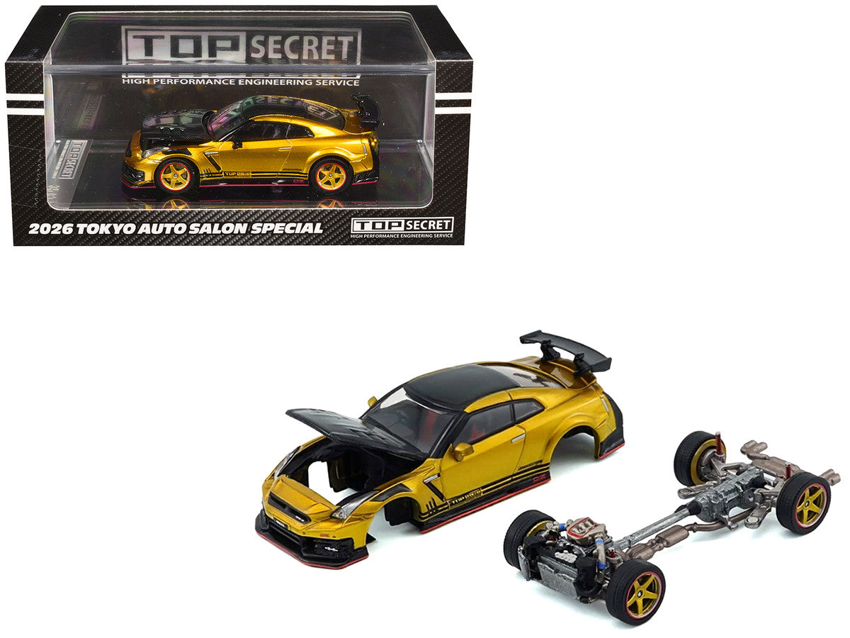 Nissan "Top Secret" GT-R (R35) RHD (Right Hand Drive) Gold Metallic with Carbon Hood and Top "Tokyo Auto Salon 2026" 1/64 Diecast Model Car by BM Creations-3