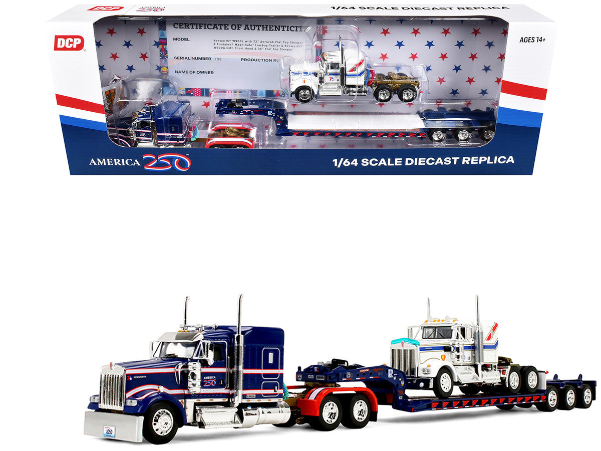 Kenworth W900L with 72" Aerocab Flat Top Sleeper Blue with White Stripes and Fontaine Magnitude Lowboy Trailer with Kenworth W900A Load White with Blue and Red Stripes "America 250" 1/64 Diecast Model by DCP/First Gear-4
