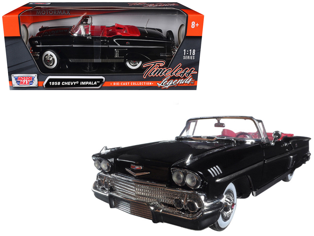 1958 Chevrolet Impala Convertible Black with Red Interior "Timeless Classics" 1/18 Diecast Model Car by Motormax-2