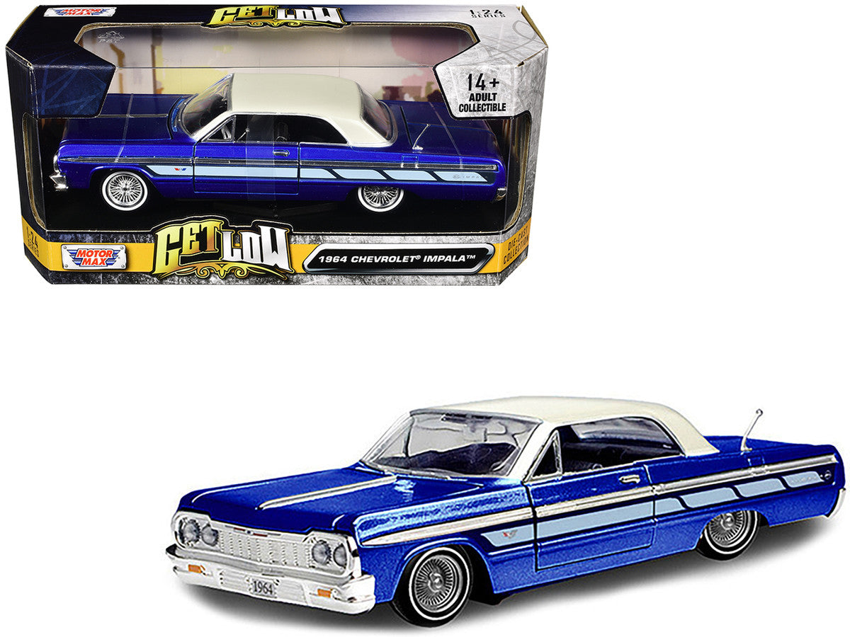 1964 Chevrolet Impala Lowrider Hard Top Candy Blue Metallic with Cream Top "Get Low" Series 1/24 Diecast Model Car by Motormax-2
