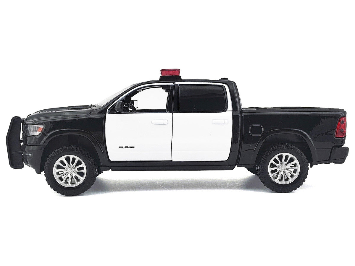 2019 RAM 1500 Laramie Crew Cab Pickup Truck Black and White with Flashing Light Bar and Front and Rear Lights and Sounds 1/27 Diecast Model Car by Motormax-2