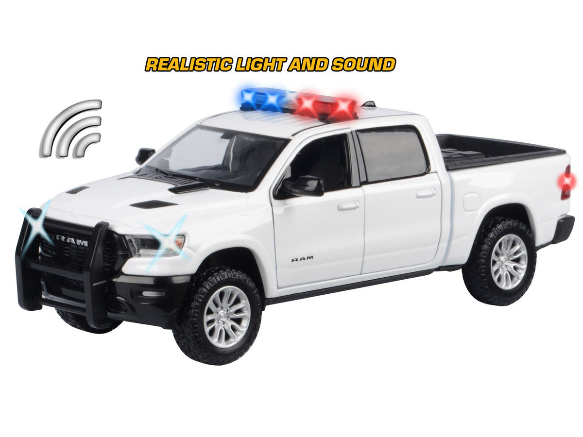 2019 RAM 1500 Laramie Crew Cab Pickup Truck White with Flashing Light Bar and Front and Rear Lights and Sounds 1/27 Diecast Model Car by Motormax-2