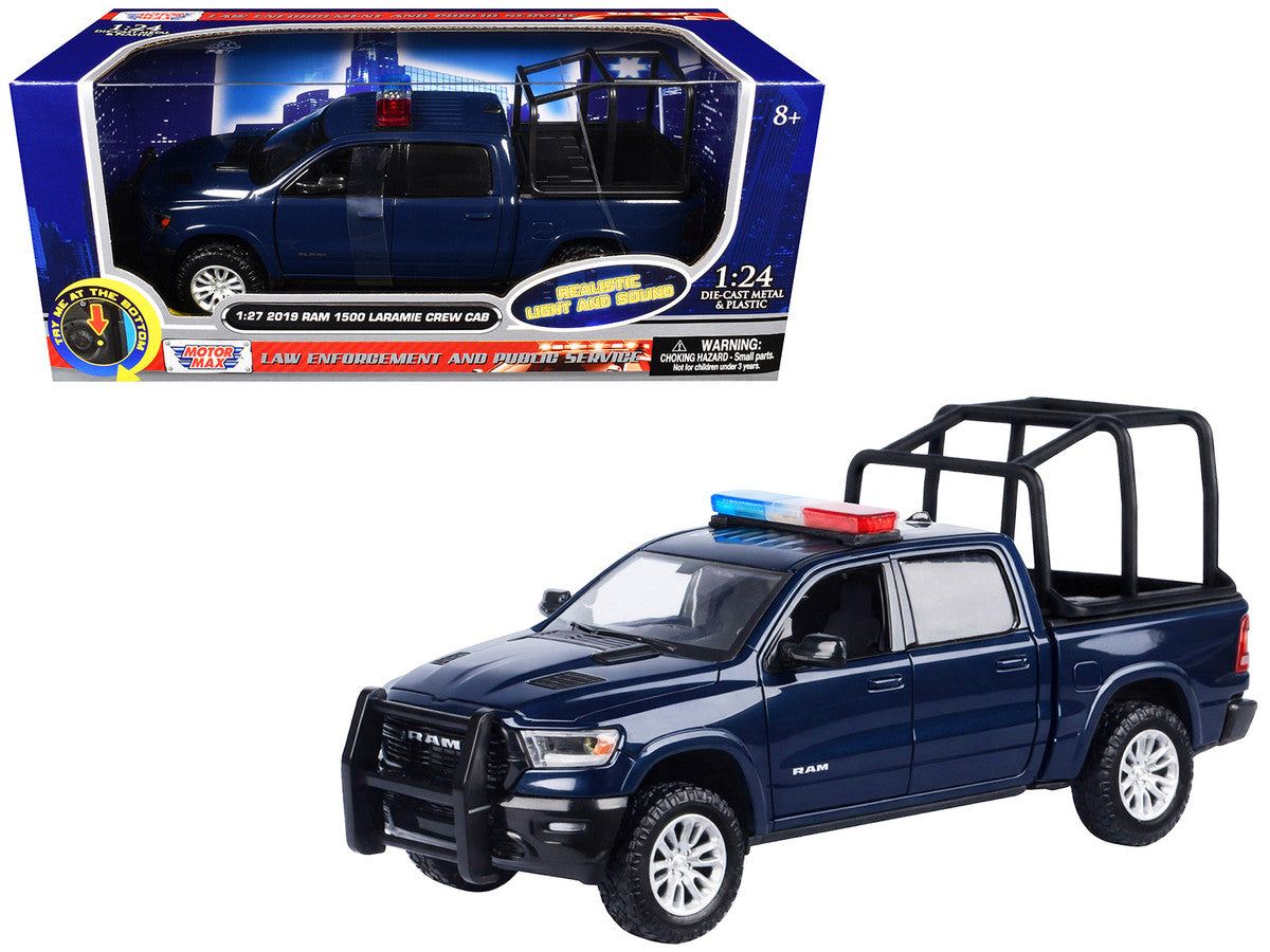 2019 RAM 1500 Laramie Crew Cab Pickup Truck with Bed Cage Dark Blue with Flashing Light Bar and Front and Rear Lights and Sounds 1/27 Diecast Model Car by Motormax-2