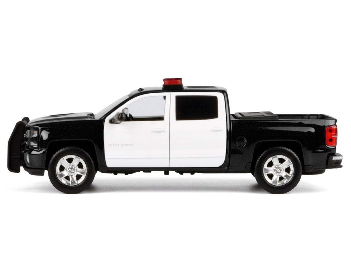 2017 Chevrolet Silverado 1500 LT Z71 Crew Cab Pickup Truck Black and White with Flashing Light Bar and Front and Rear Lights and Sounds 1/27 Diecast Model Car by Motormax-2