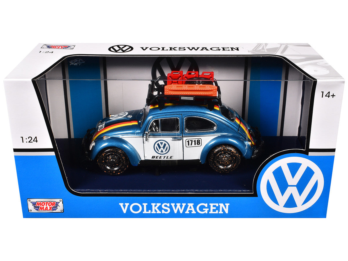 1966 Volkswagen Beetle Off Road #1718 Blue Metallic and White with German Flag Stripes and Roof Rack Accessories 1/24 Diecast Model Car by Motormax-2