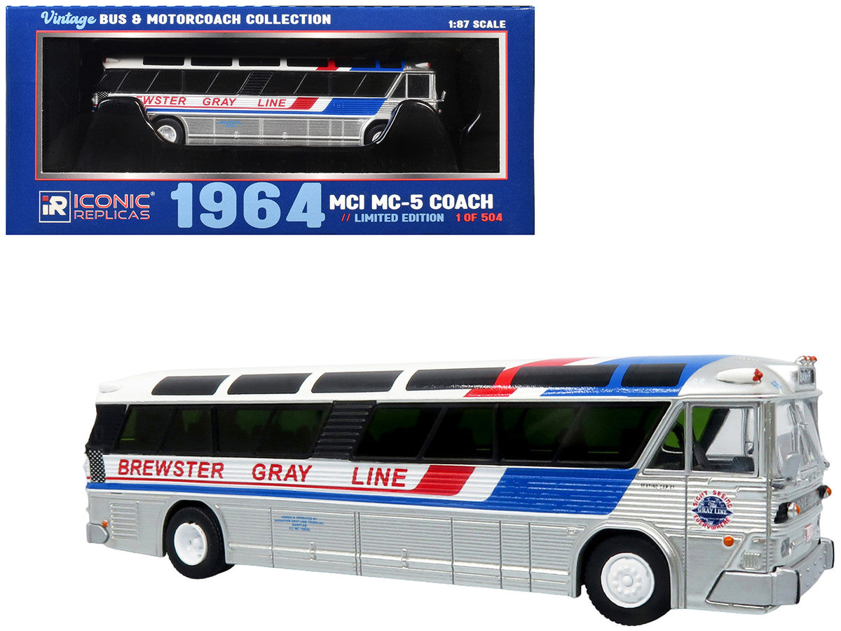 1964 MCI MC-5A Coach Bus "Brewster Gray Line" Silver with Blue and Red Stripes "Vintage Bus & Motorcoach Collection" Limited Edition to 504 pieces Worldwide 1/87 (HO) Diecast Model by Iconic Replicas-4