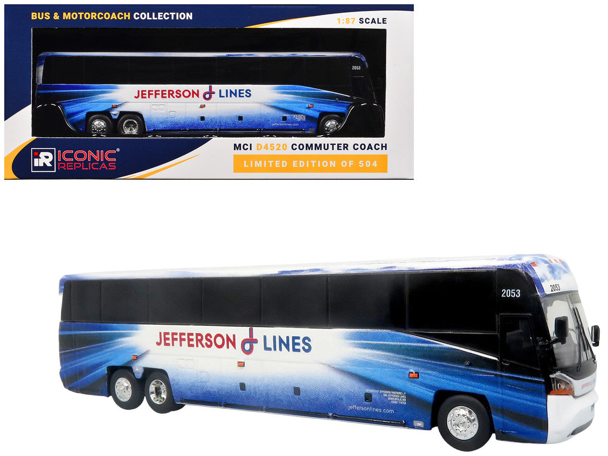 MCI D4520 Commuter Coach Bus "Jefferson Lines" White with Blue Graphics "The Bus & Motorcoach Collection" Limited Edition to 504 pieces Worldwide 1/87 (HO) Scale Diecast Model by Iconic Replicas-4