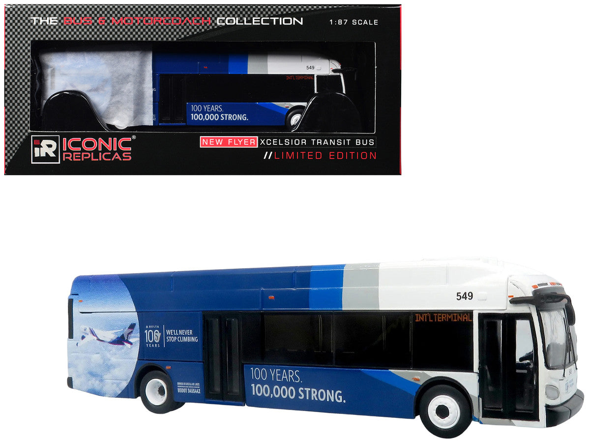 New Flyer Xcelsior XN40 Transit Bus "Delta Air Lines 100th Anniversary" Blue and White with Graphics "The Bus & Motorcoach Collection" Limited Edition 1/87 (HO) Scale Diecast Model by Iconic Replicas-4