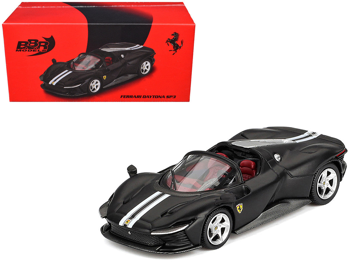 Ferrari Daytona SP3 Matt Black with White Stripes and Red Interior 1/64 Diecast Model Car by BBR-3