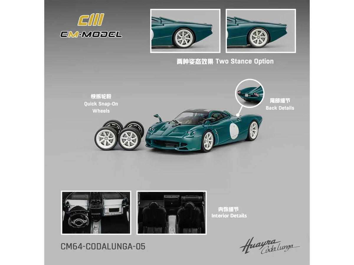 Pagani Huayra Codalunga Green with Sunroof and Extra Wheels 1/64 Diecast Model Car by CM Model-4