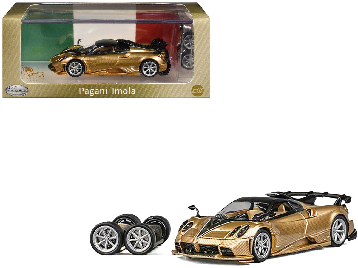 Pagani Imola Gold Carbon Metallic with Black Carbon Top with Extra Wheels 1/64 Diecast Model Car by CM Model-2