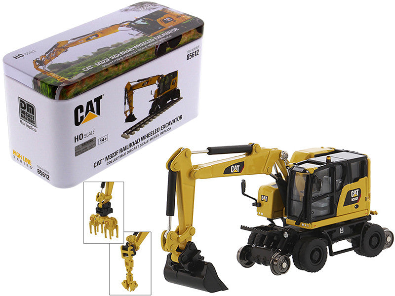 CAT Caterpillar M323F Railroad Wheeled Excavator with 3 Accessories (Safety Yellow Version) "High Line" Series 1/87 (HO) Scale Diecast Model by Diecast Masters-0