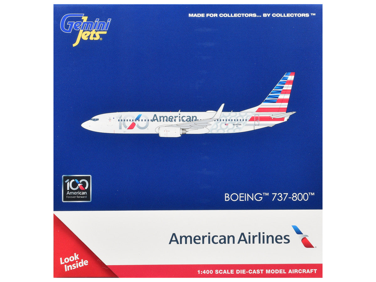 Boeing 737-800 Commercial Aircraft "American Airlines 100th Anniversary 2026" (N840NN) Gray with Tail Stripes 1/400 Diecast Model Airplane by GeminiJets-2