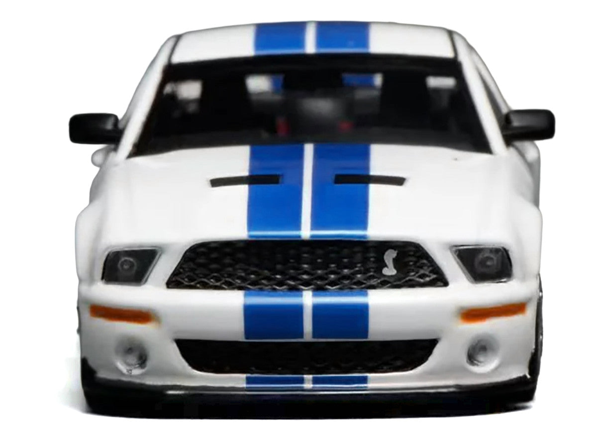 2007 Ford Mustang Shelby GT500 Performance White with Blue Stripes 1/64 Diecast Model Car by MotorHelix & Greenlight-3