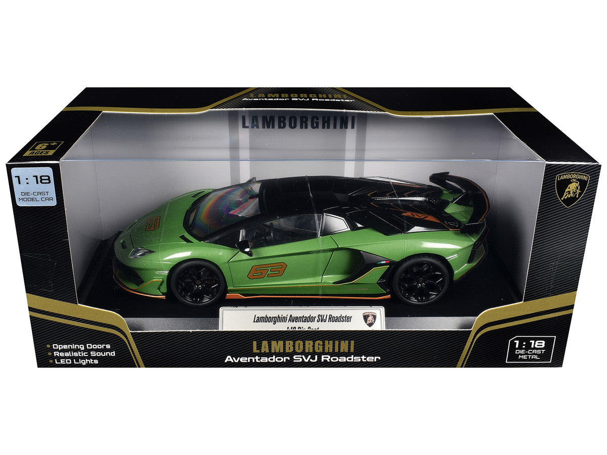 Lamborghini Aventador SVJ Roadster Green Metallic with Carbon Top and Gold Accents 1/18 Diecast Model Car by Heimanba-2